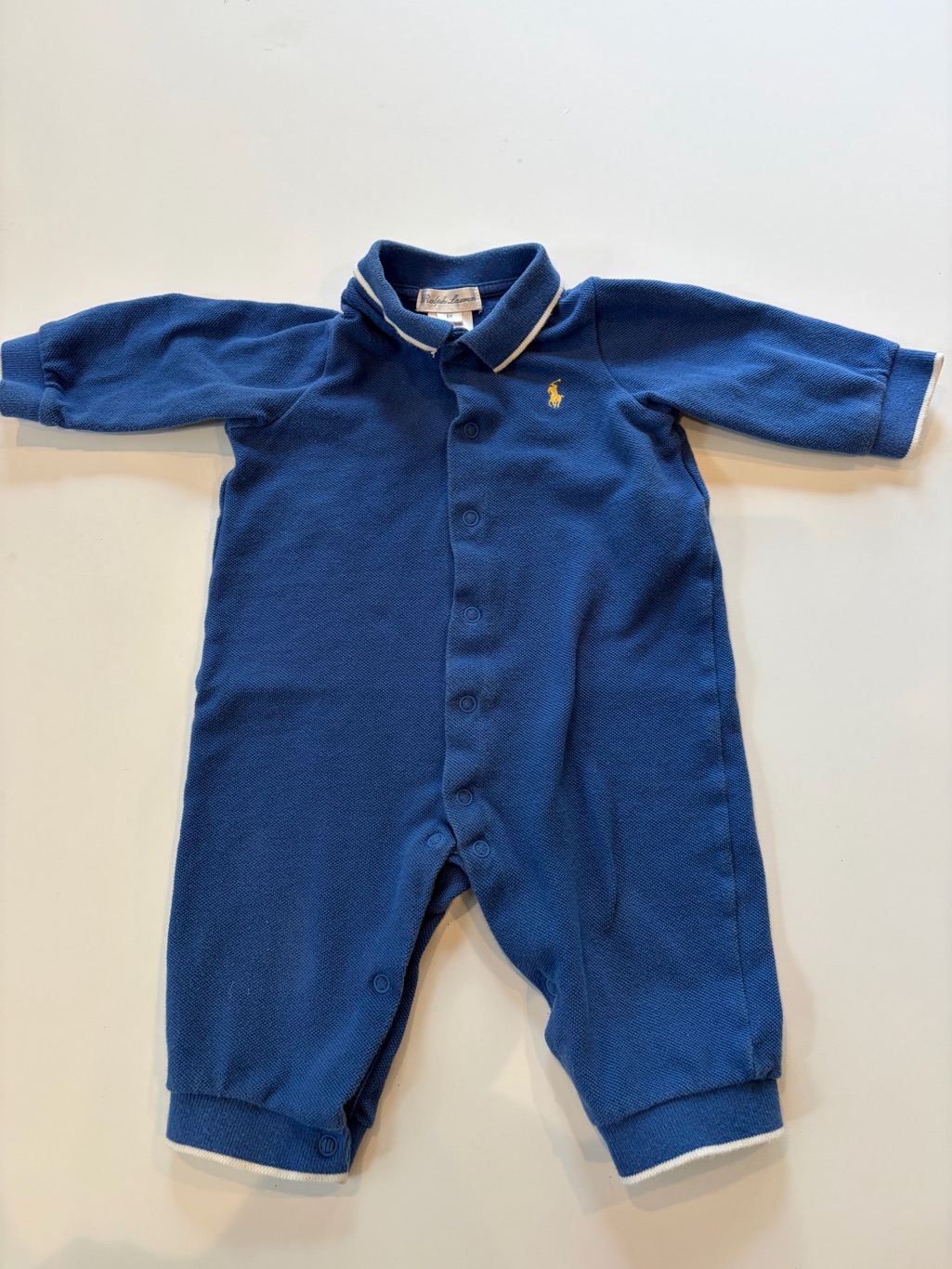 Ralph Lauren Blue Polo Collar Baby One-Piece With Yellow Logo